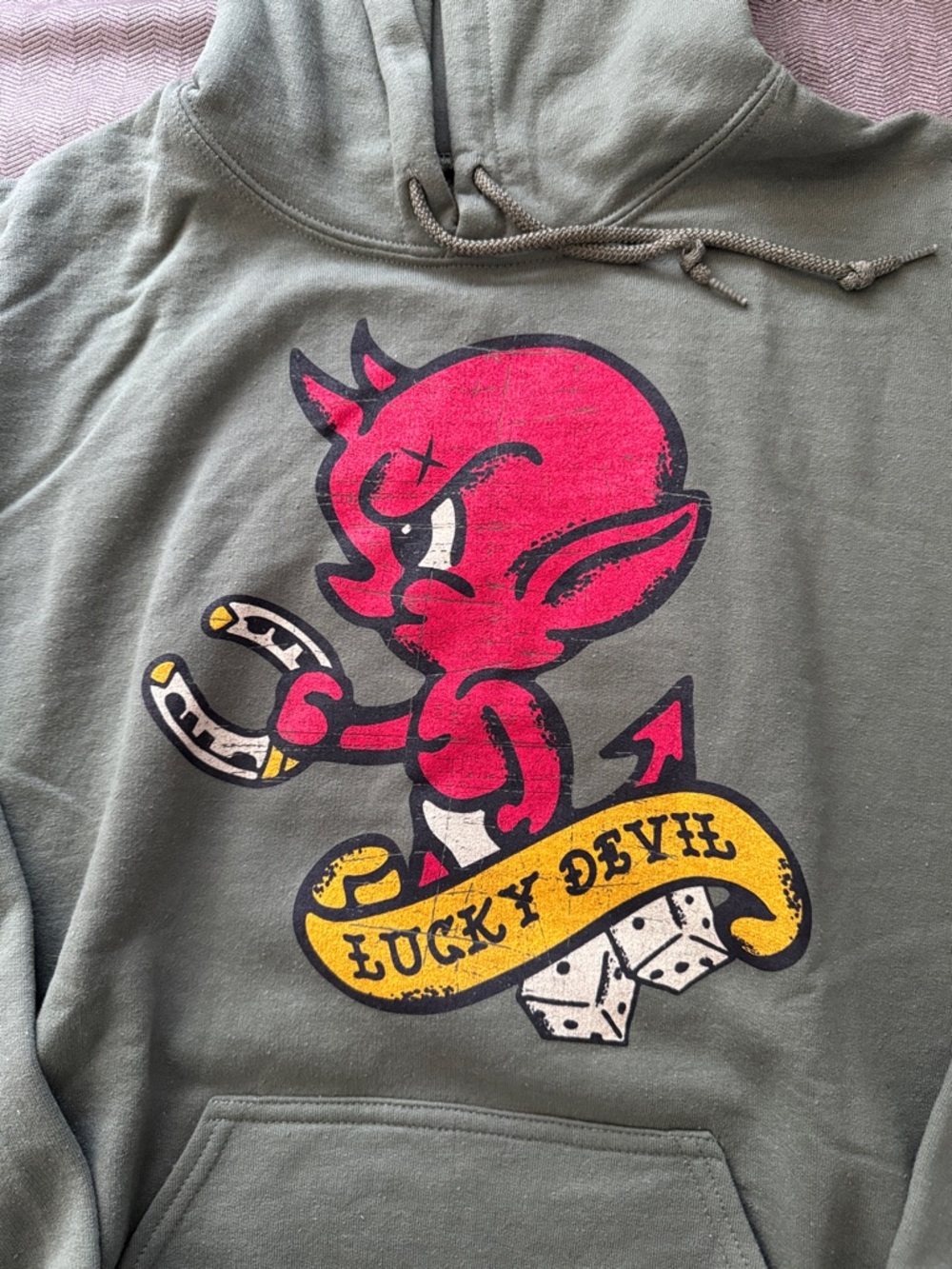 Grunt Style Olive Green Hoodie with Red Devil Graphic - NEW! - Picture 2 of 4
